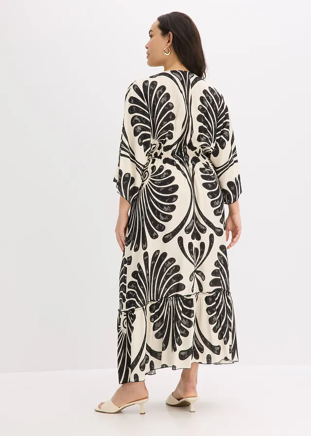 Robe longue en viscose fluide, Couleur: noir/écru imprimé