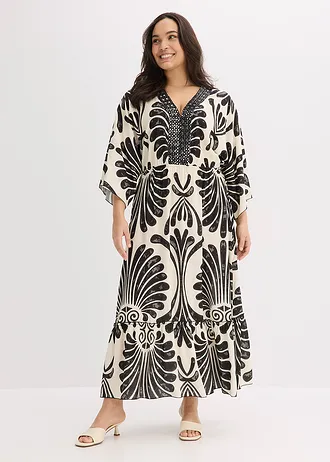 Robe longue en viscose fluide, Couleur: noir/écru imprimé