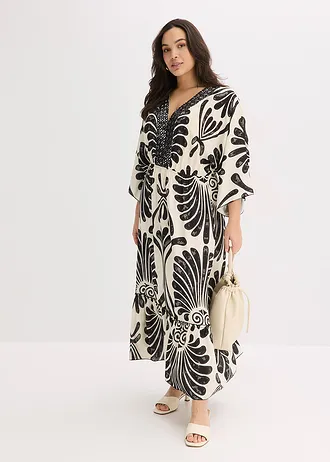 Robe longue en viscose fluide, Couleur: noir/écru imprimé