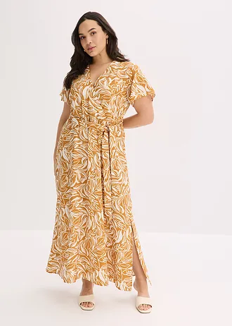 Robe longue imprimée en viscose mélangée, Couleur: écru/marron clair floral