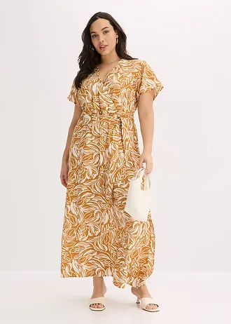 Robe longue imprimée en viscose mélangée, Couleur: écru/marron clair floral