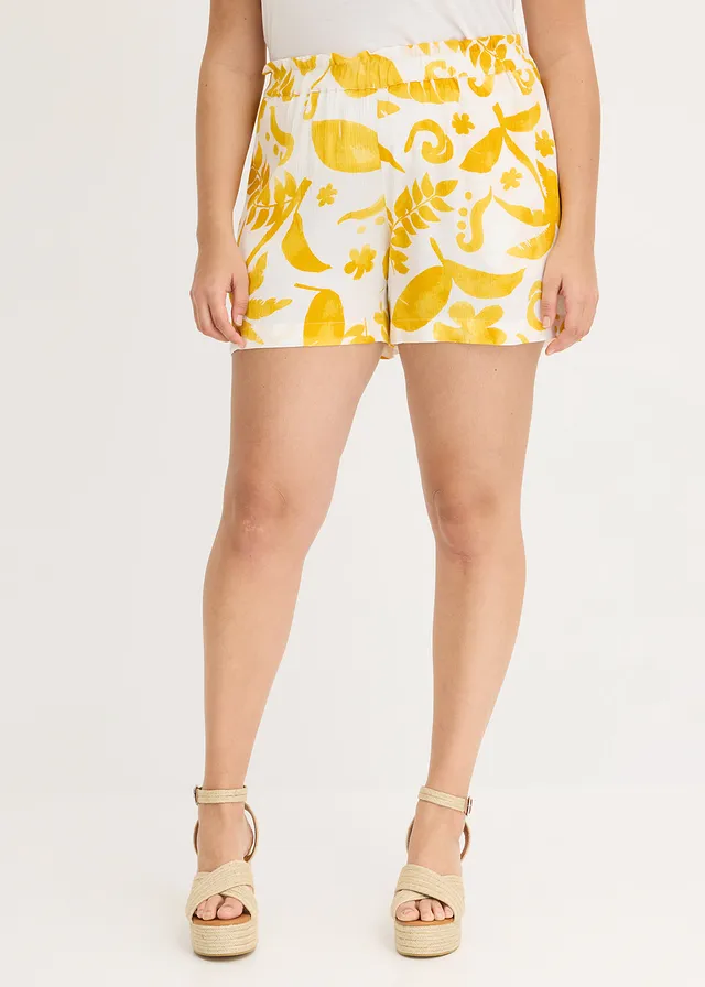 Short en viscose texturée, Couleur: blanc/curry