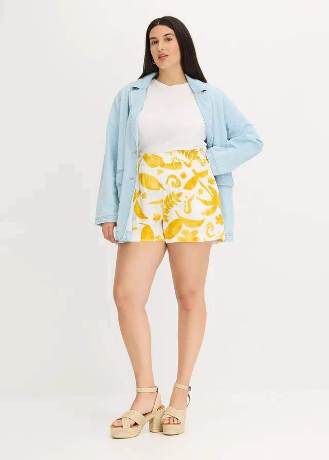 Short en viscose texturée, Couleur: blanc/curry