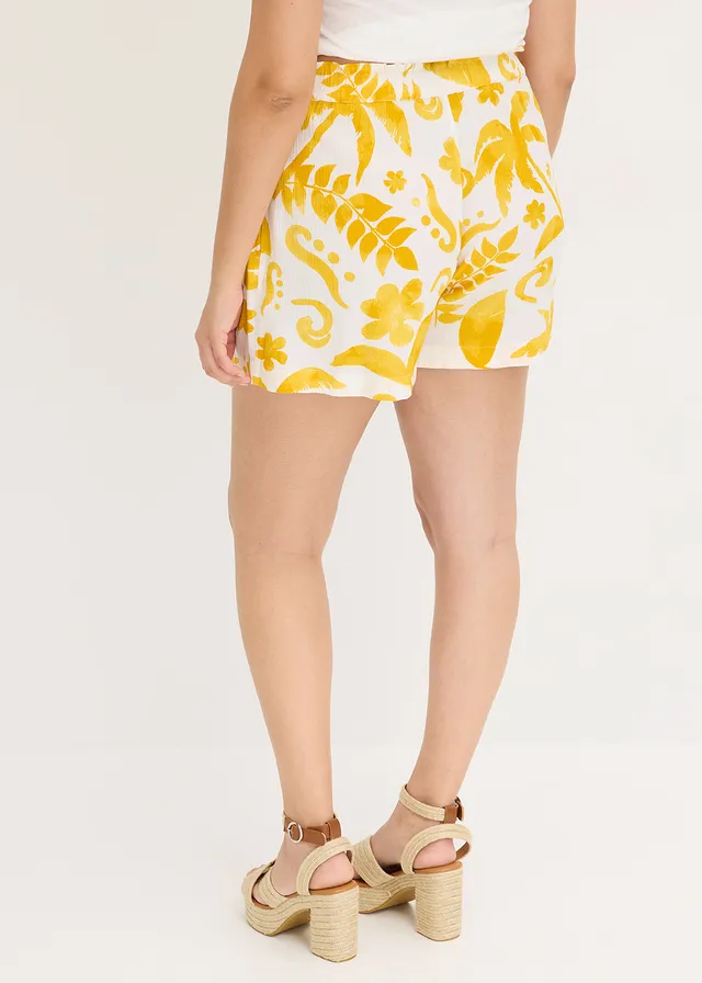 Short en viscose texturée, Couleur: blanc/curry