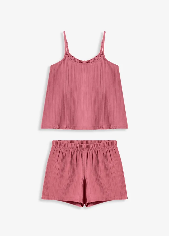 Shortama van zachte mousseline met spaghettibandjes, Kleur: bessensorbet