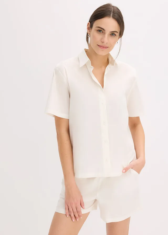 Geweven shortama van katoen, Kleur: wit