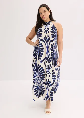 Wijde maxi jurk van vloeiende viscose, Kleur: blauw-wit gedessineerd