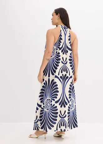 Wijde maxi jurk van vloeiende viscose, Kleur: blauw-wit gedessineerd