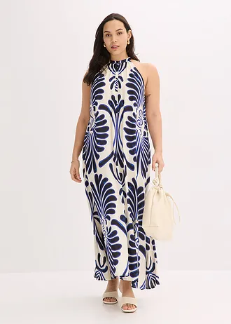 Wijde maxi jurk van vloeiende viscose, Kleur: blauw-wit gedessineerd