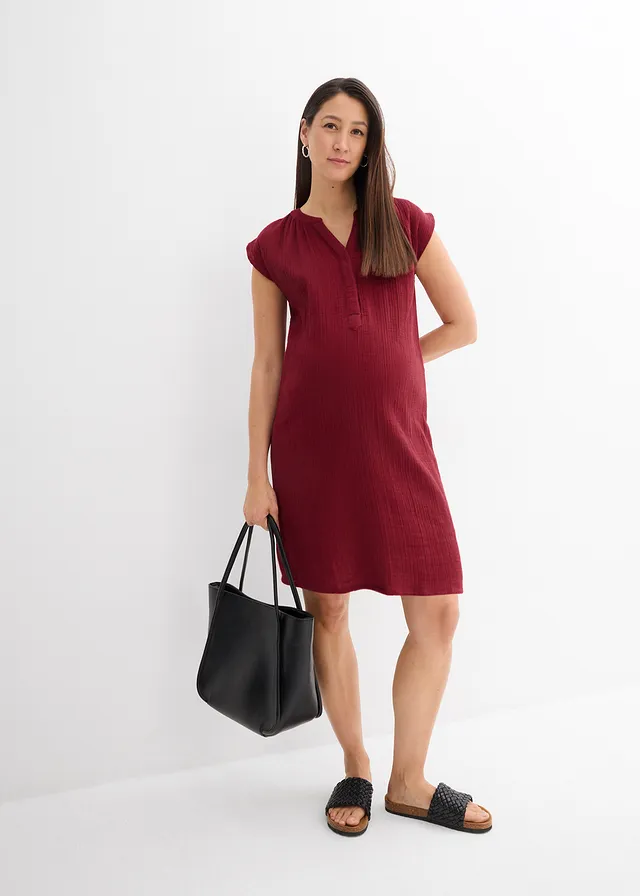 Mousseline zwangerschapsjurk/voedingsjurk van mousseline roodbruin