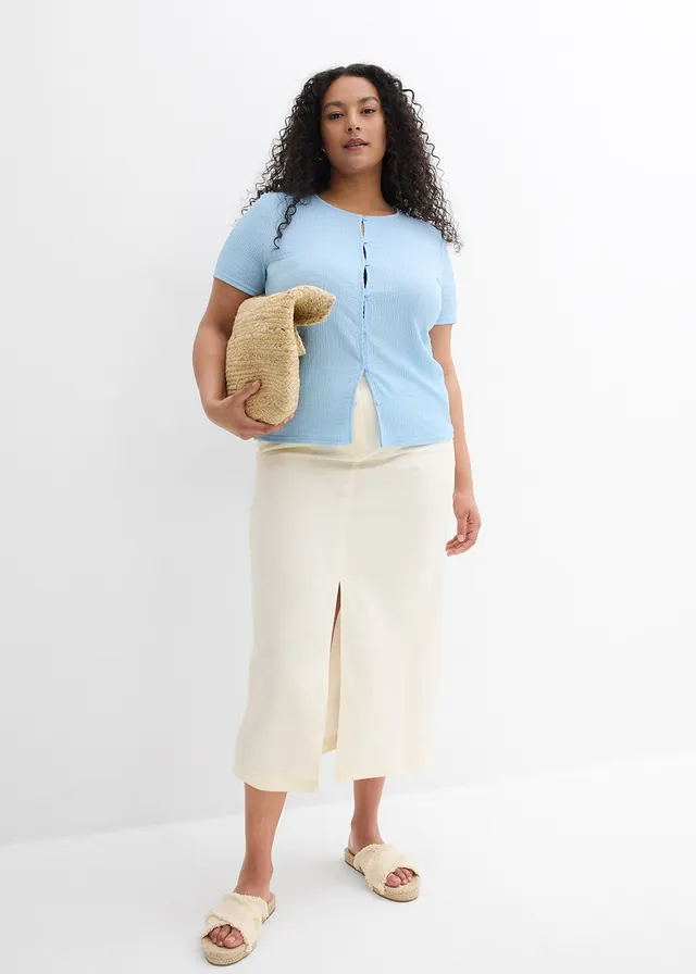 Jupe midi légère en lin mélangé, Couleur: crème