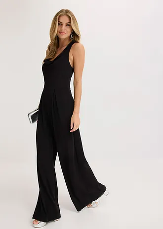 Jumpsuit met watervalhals • zwart • bonprix online shop