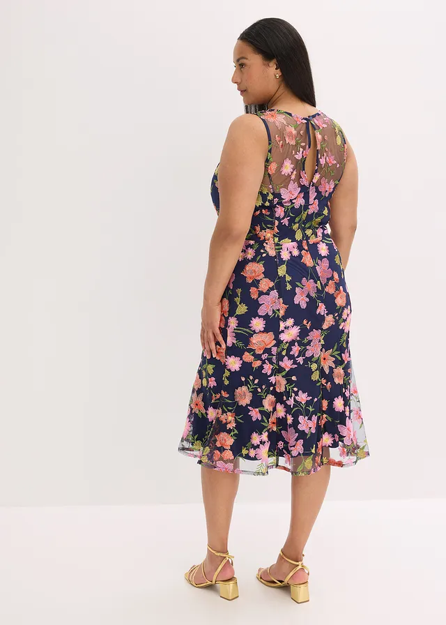 Robe midi avec broderies florales, Couleur: bleu foncé à fleurs