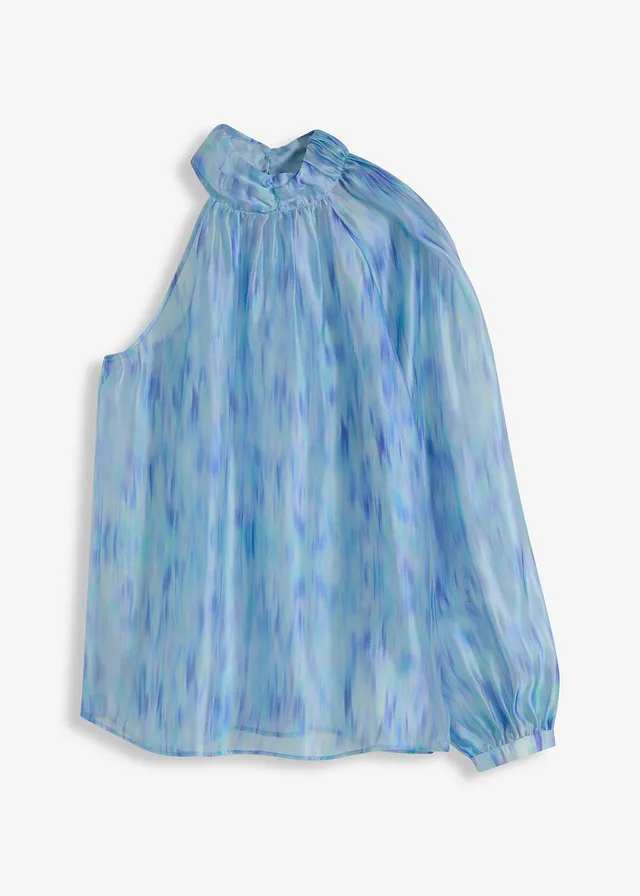 One-shoulder chiffon blouse, Kleur: blauw gedessineerd