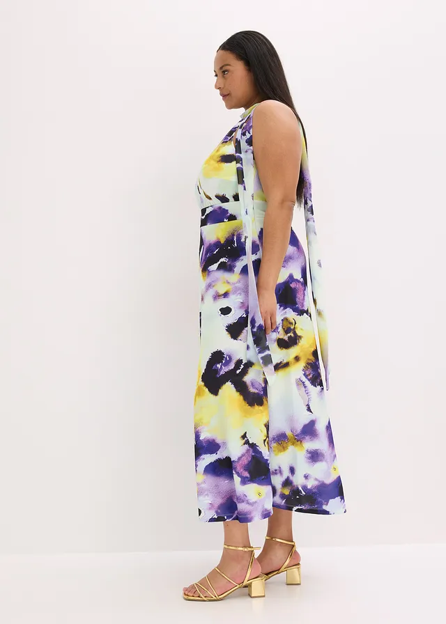 Robe longue en tissu néoprène épais, Couleur: bleu clair/violet imprimé