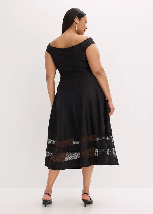 Robe col Bardot avec dentelle, Couleur: noir