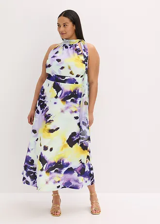 Maxi jurk van stevige scubastof, Kleur: lichtblauw/paars gedessineerd