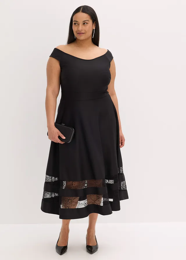 Robe col Bardot avec dentelle, Couleur: noir