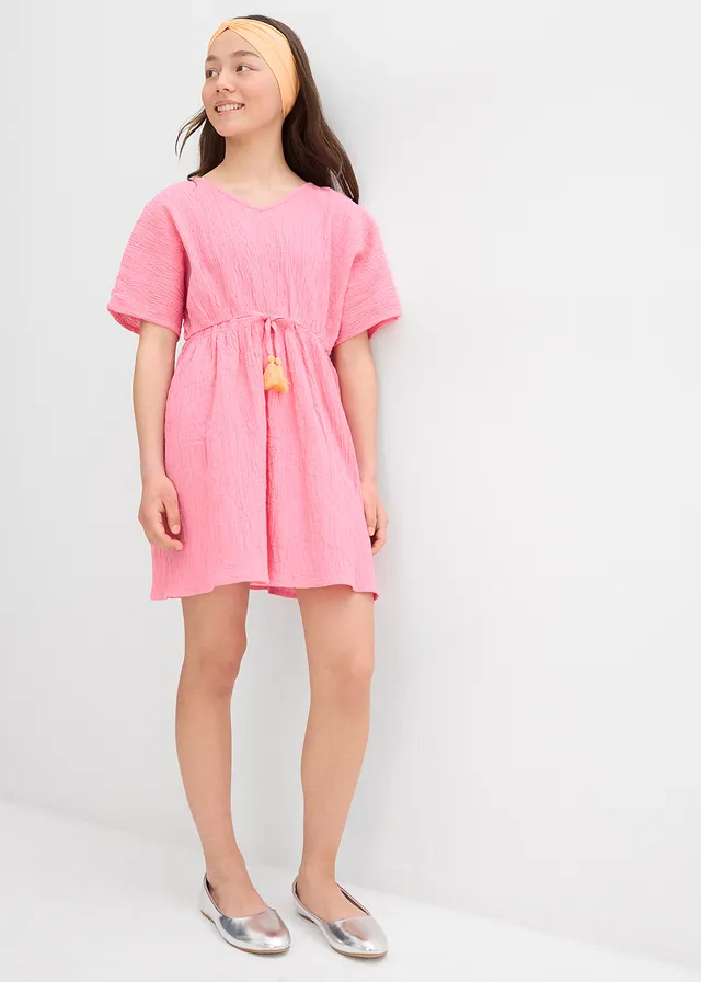Robe caftan en coton froissé, Couleur: rose