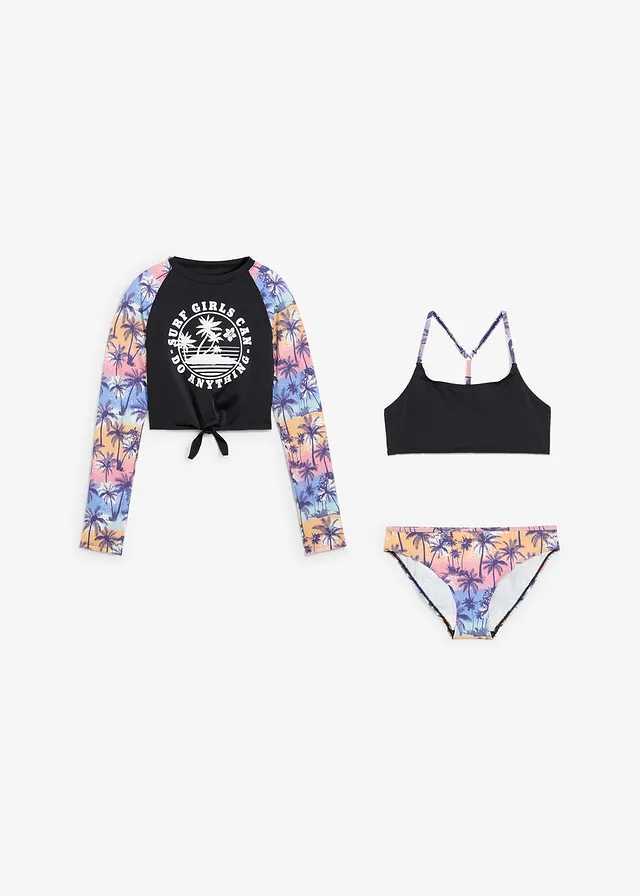 Bikini + shirt kąpielowy (3 części), kolor: czarny z nadrukiem