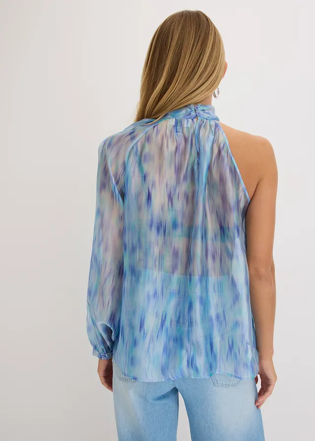 Blouse une épaule en crêpe, Couleur: bleu imprimé