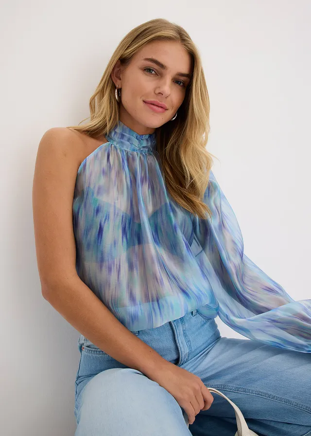 One-shoulder chiffon blouse • blauw gedessineerd • product-page.page-title-suffix