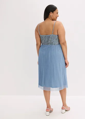 Midi jurk met plooirok en geborduurde pailletten, Kleur: lichtblauw