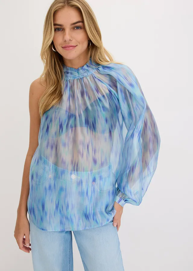 One-shoulder chiffon blouse, Kleur: blauw gedessineerd