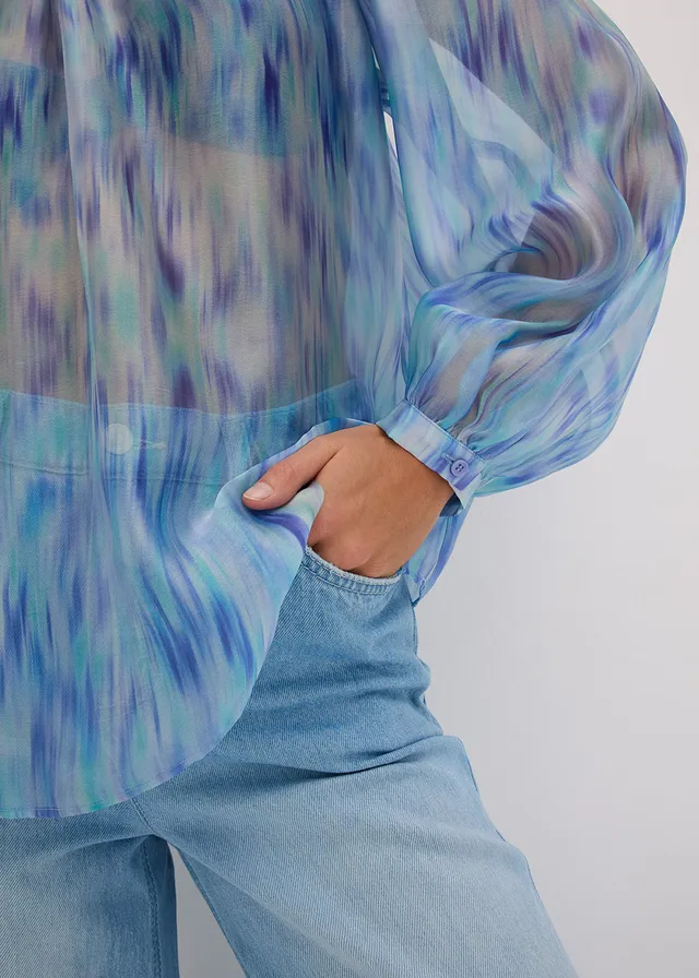 One-shoulder chiffon blouse • blauw gedessineerd • product-page.page-title-suffix
