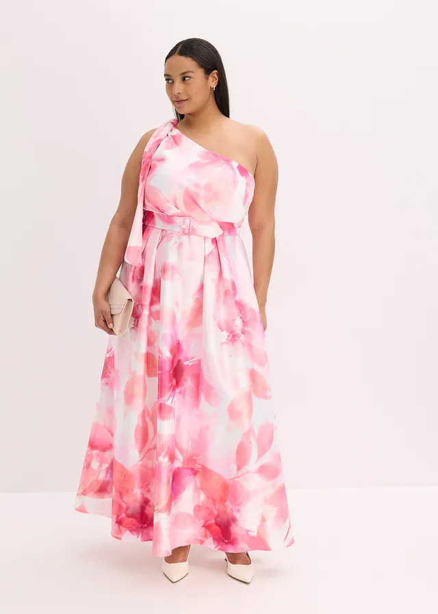Robe asymétrique en satin brillant, Couleur: blanc/rose vif floral