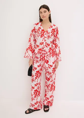 Chemisier 100% coton, Couleur: blanc-rouge orangé floral