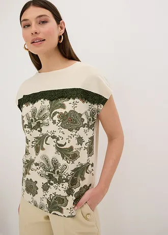 Oversized shirt met een band van kant • ecru-olijfgroen paisley • bonprix online shop