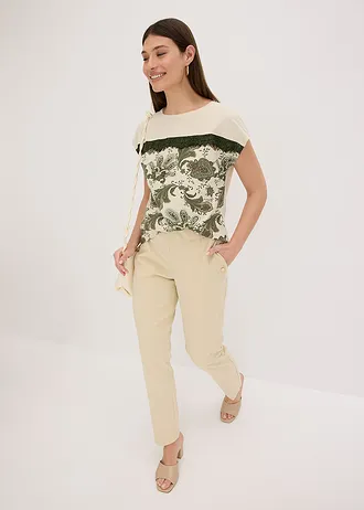 Oversized shirt met een band van kant • ecru-olijfgroen paisley • bonprix online shop