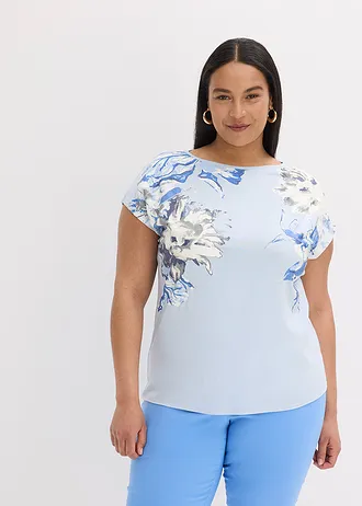 Shirt met oversized schouders, Kleur: poederblauw-wolwit-natuurbeige-rookgrijs gebloemd