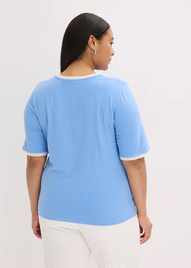 Shirt met kanten rand, Kleur: middenblauw/wolwit