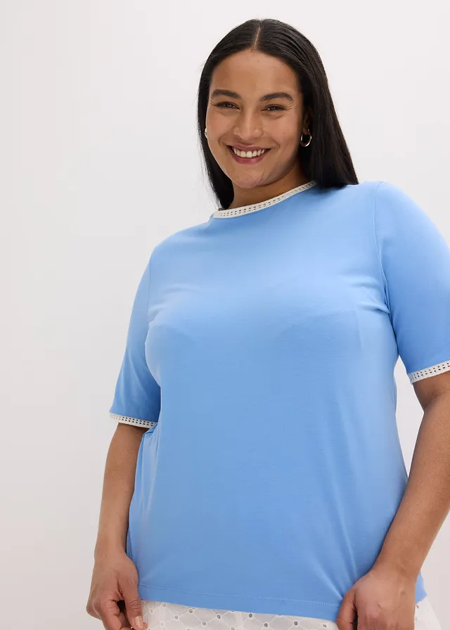 Shirt met kanten rand, Kleur: middenblauw/wolwit