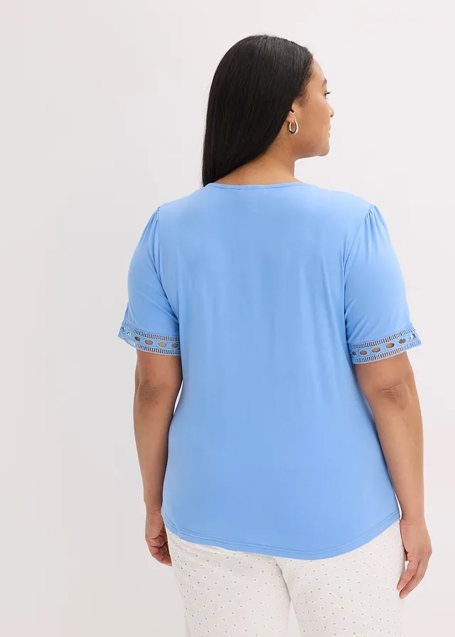 T-shirt tunique avec dentelle, Couleur: bleu moyen