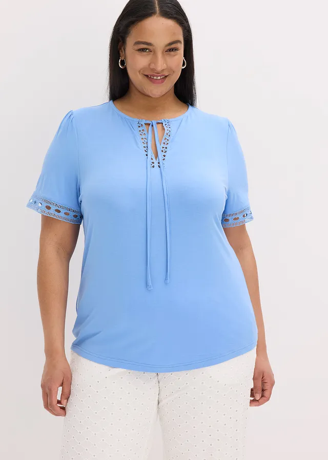 T-shirt tunique avec dentelle, Couleur: bleu moyen