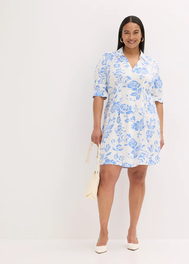 Blousejurk van soepele viscose, Kleur: middenblauw/wolwit gebloemd