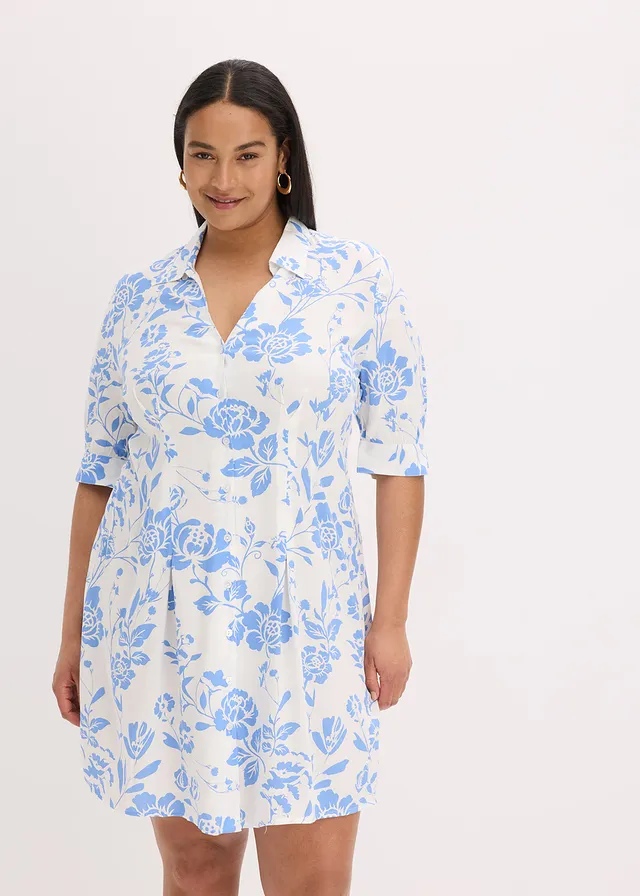 Robe-chemise en viscose fluide, Couleur: bleu moyen-écru floral