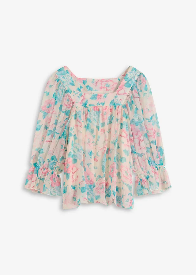 Blouse à base effet boule, Couleur: beige à fleurs
