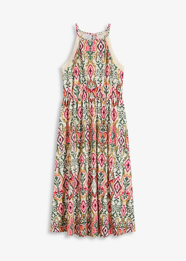 Robe midi à dentelle, Couleur: crème-vert-rose vif imprimé
