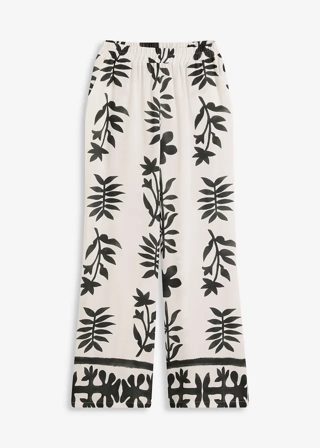 Pantalon imprimé en viscose fluide, Couleur: blanc/noir floral