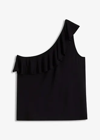 One shoulder top met volant in een zachte viscosemix, Kleur: zwart