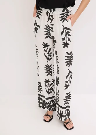 Pantalon imprimé en viscose fluide, Couleur: blanc/noir floral