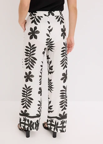 Pantalon imprimé en viscose fluide, Couleur: blanc/noir floral