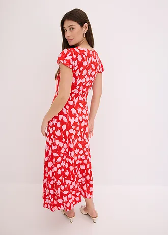 Gebloemde jersey jurk in een zachte viscosemix, Kleur: rood gebloemd