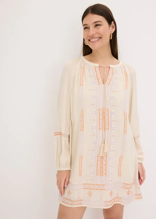 Robe courte, Couleur: écru imprimé