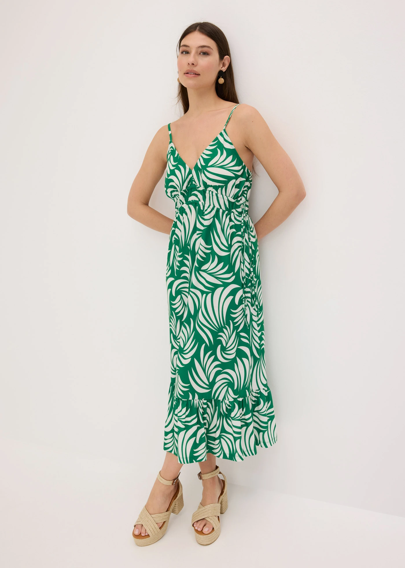 Spaghettibandjes Groene Bloemetjes Jurk Gedessineerde Jurk Met