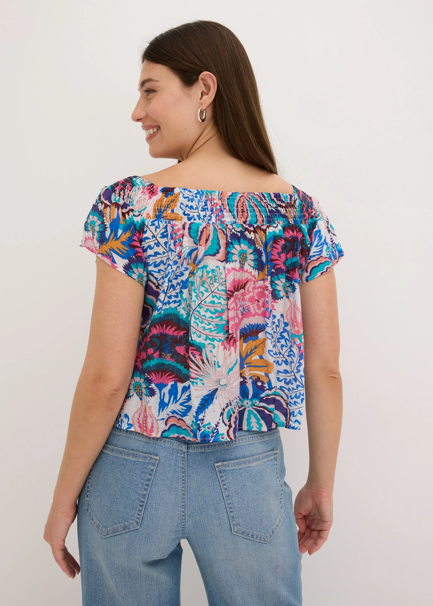 Carmen blouse van een lichte viscosemix • blauw gedessineerd • bonprix online shop